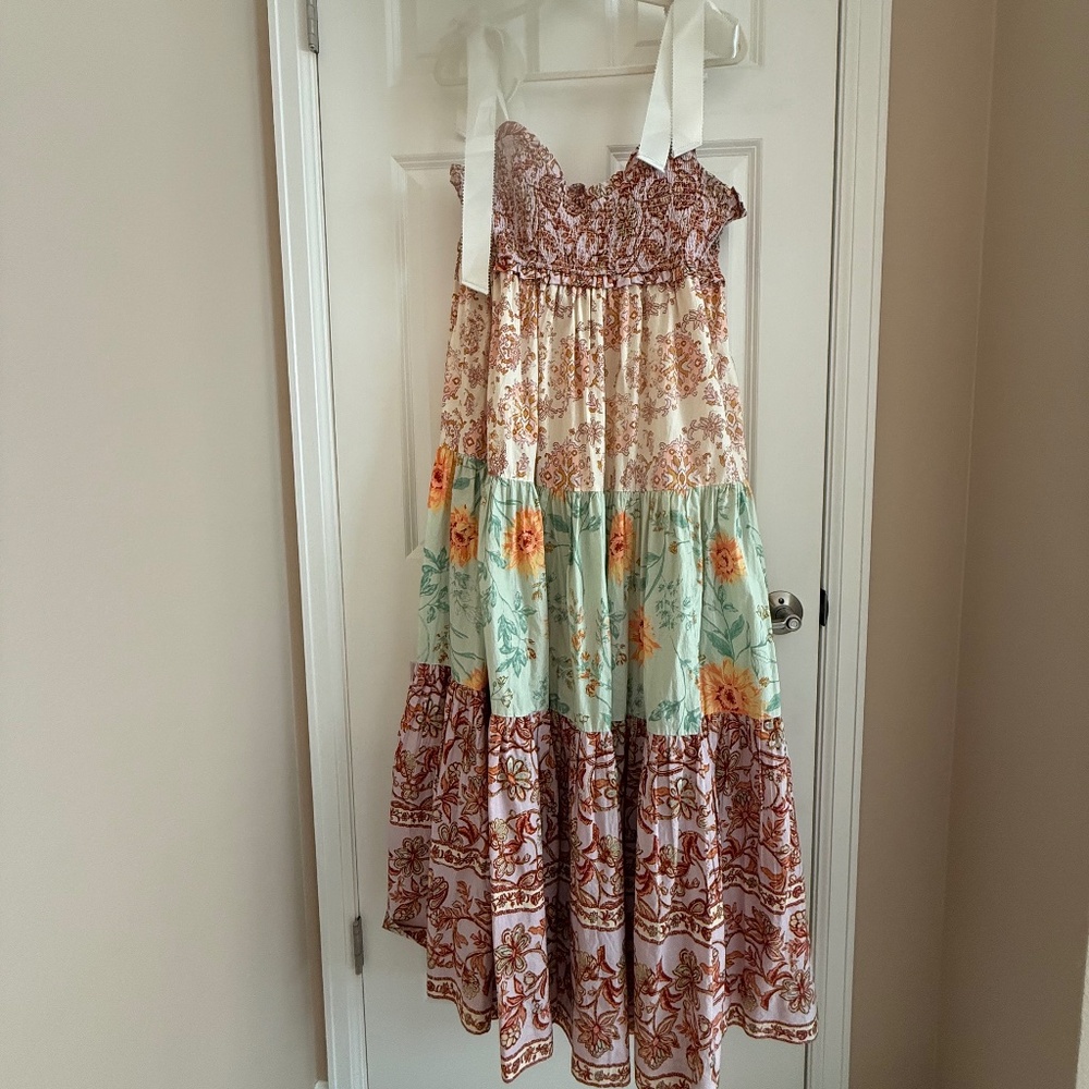 Free People Cream, Mint & Rust Tiered Floral Maxi Dress